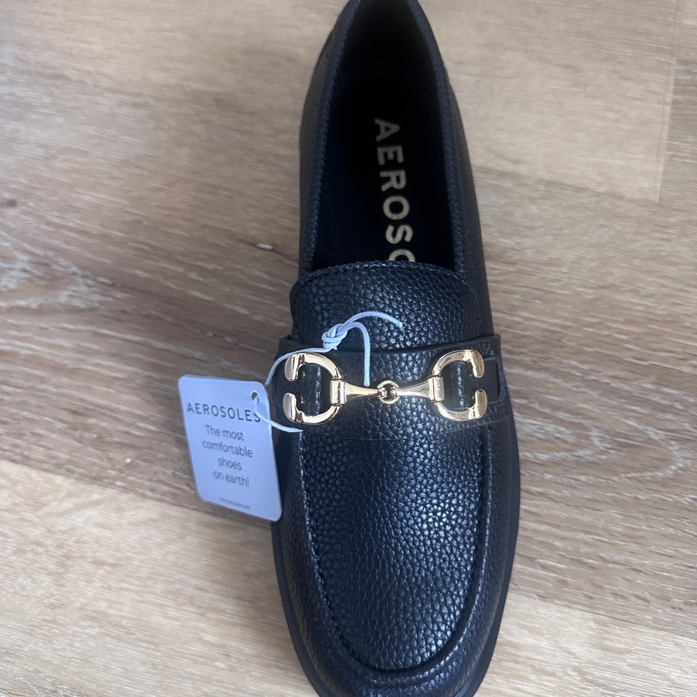 AEROSOLES women’s Black Loafers with Gold Detail